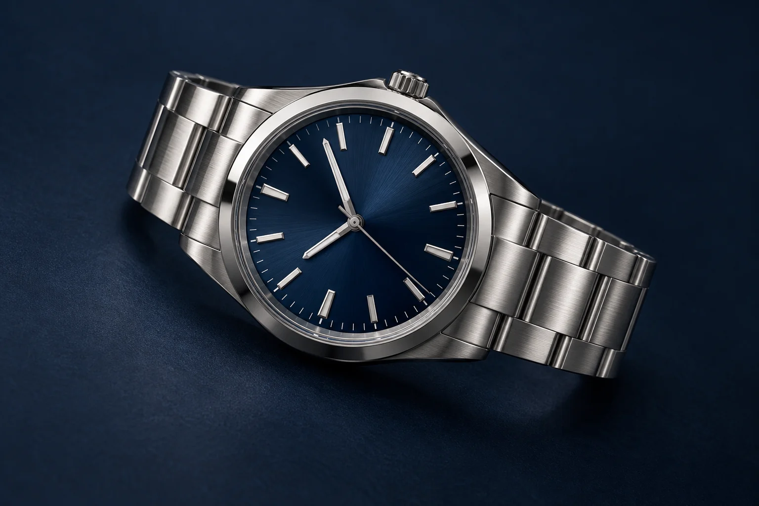 Illustrative unbranded steel wristwatch with a blue dial